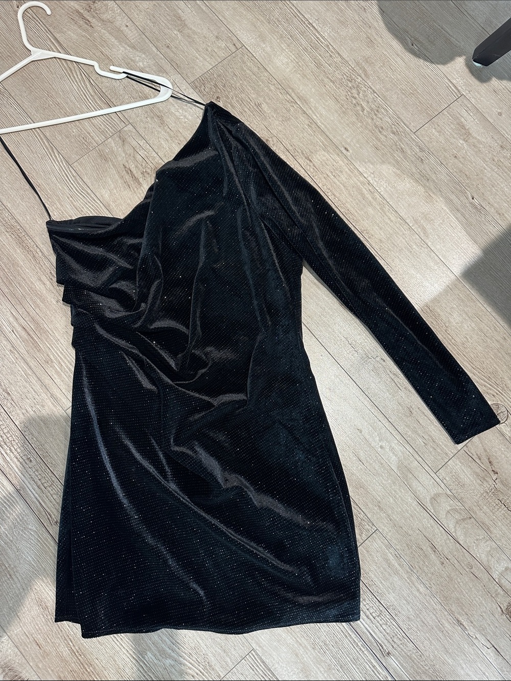 One-Shoulder Black Velvet Mini Dress